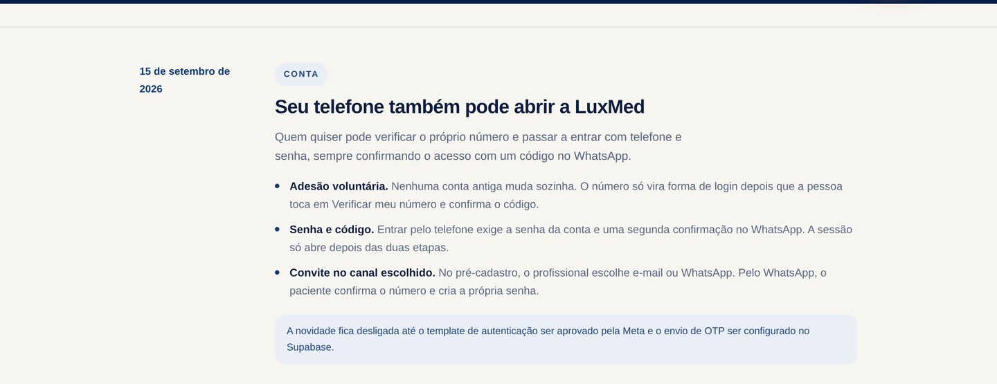 Configurações de segurança da LuxMed com a ação para verificar o número de telefone