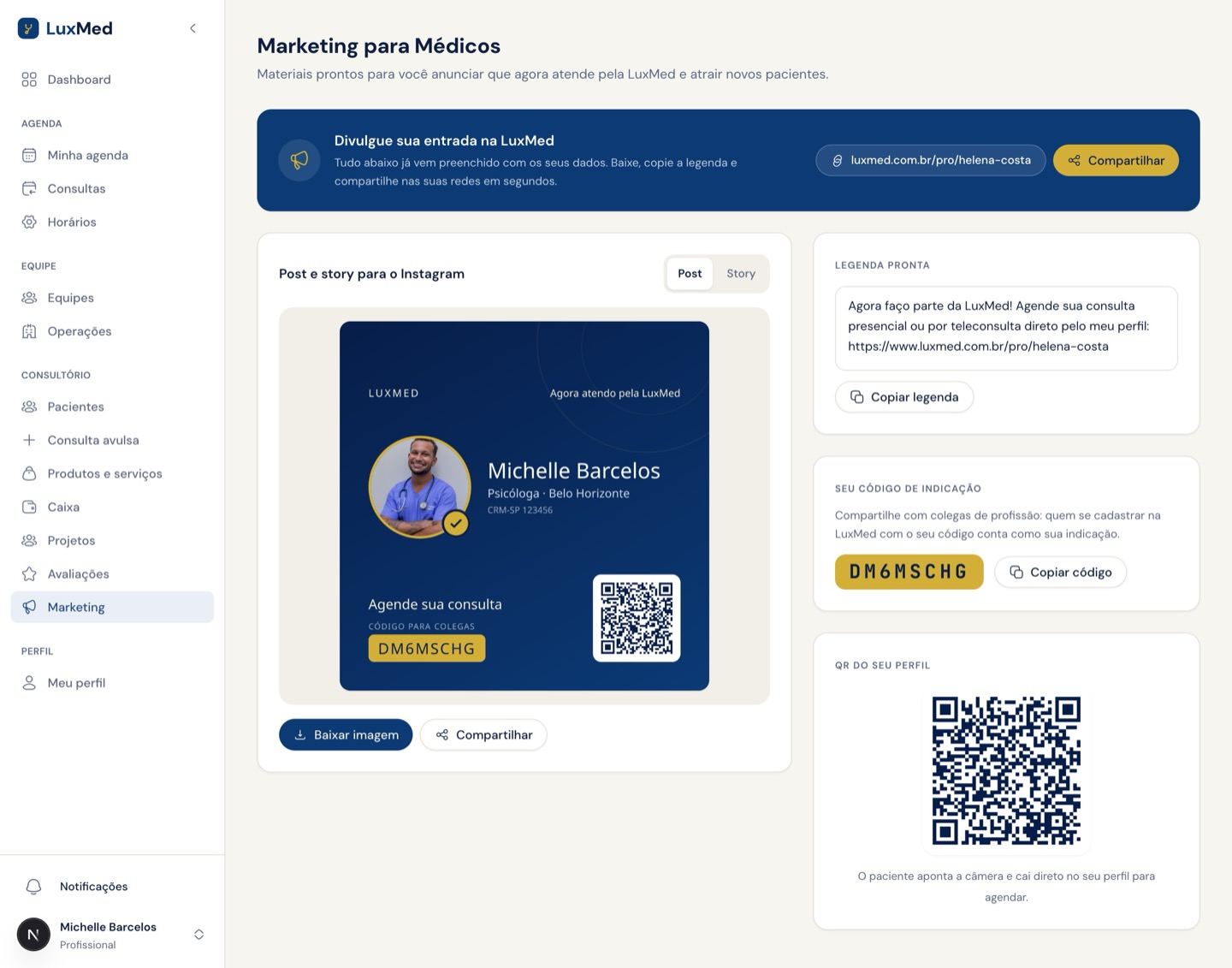 Tela Marketing para Médicos com preview do post Instagram, legenda pronta, código de indicação e QR do perfil