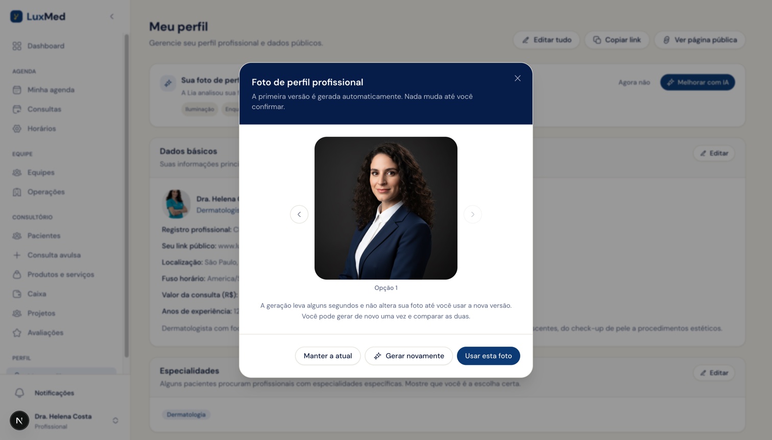 Painel Foto de perfil profissional mostrando a Opção 1 gerada, com setas para navegar entre as versões e os botões Manter a atual, Gerar novamente e Usar esta foto