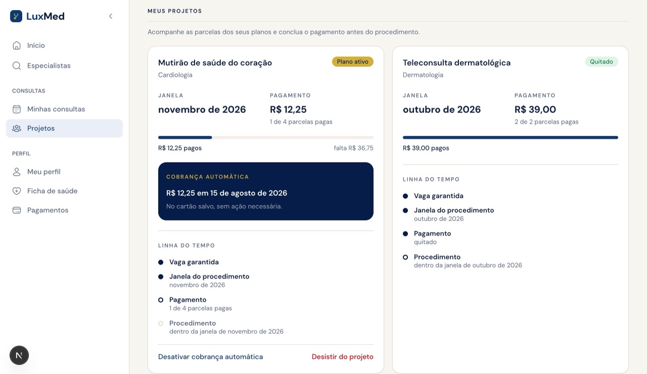 Acompanhamento do plano na seção Meus projetos