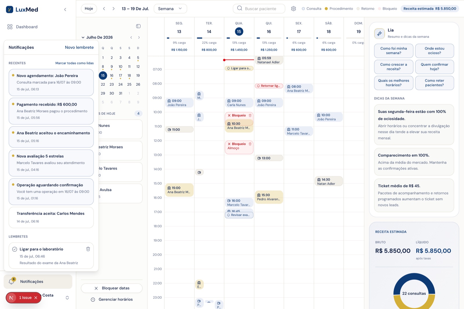 Sininho aberto com o feed de notificações recentes sobre a agenda da semana