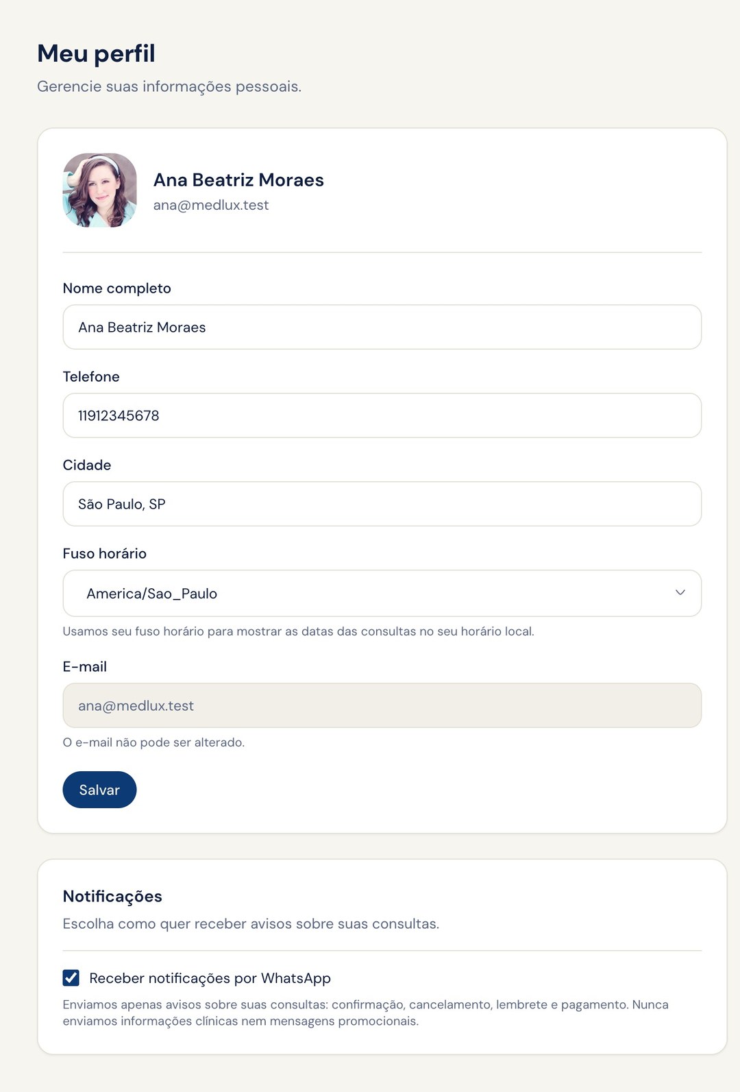Preferências de notificação por WhatsApp no perfil do paciente