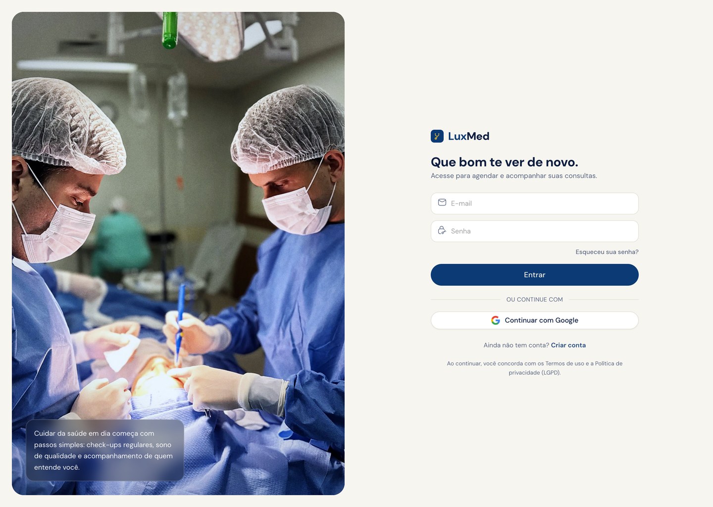 Nova tela de entrada da LuxMed com foto emoldurada e botão de entrada com Google