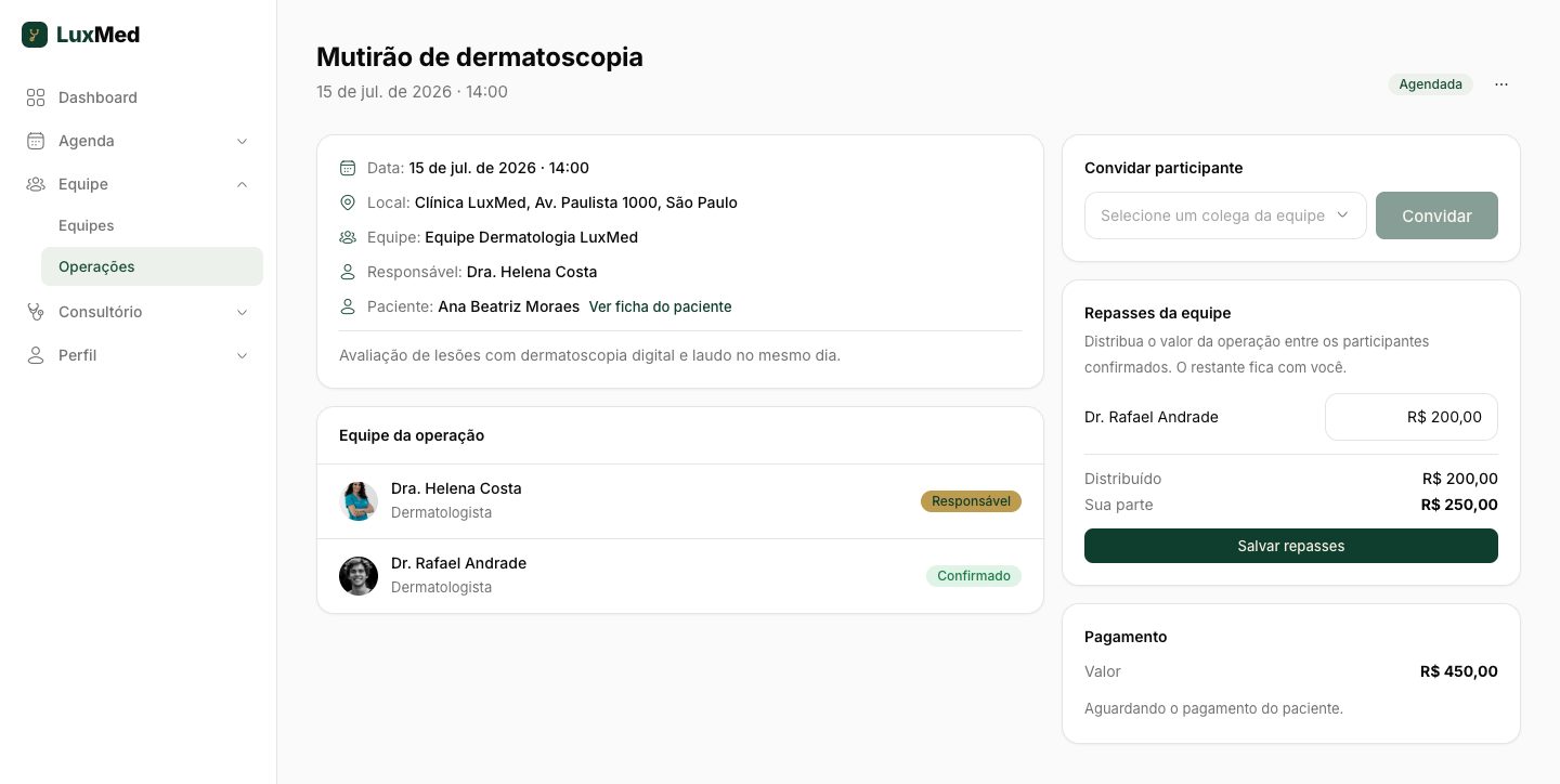 Detalhe de uma operação com repasse e pagamento