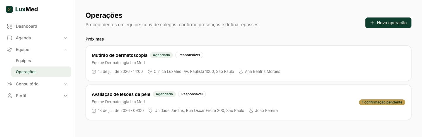Lista de próximas operações da equipe