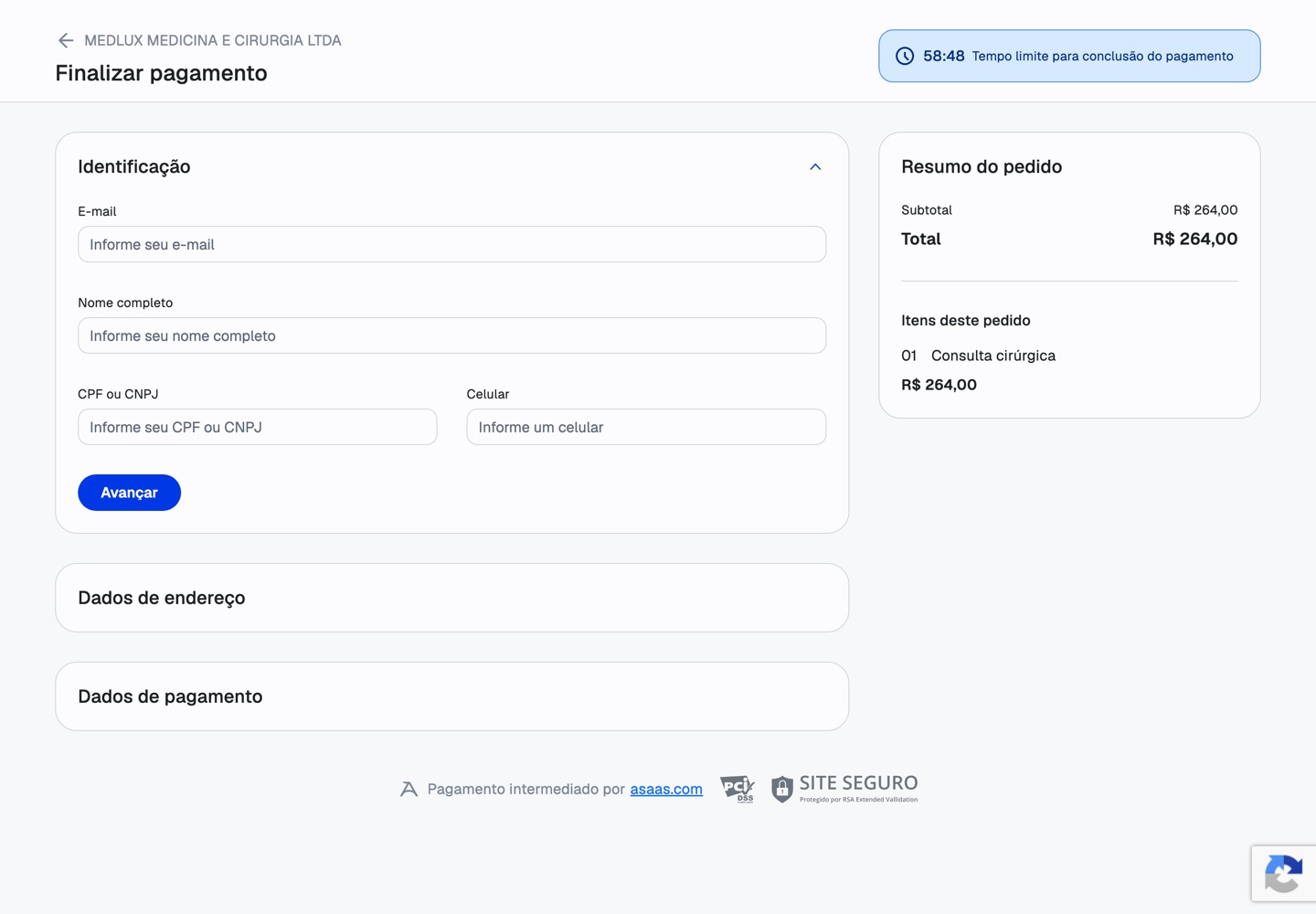Página de pagamento da LuxMed no Asaas com identificação do paciente, resumo do pedido e etapas de endereço e pagamento