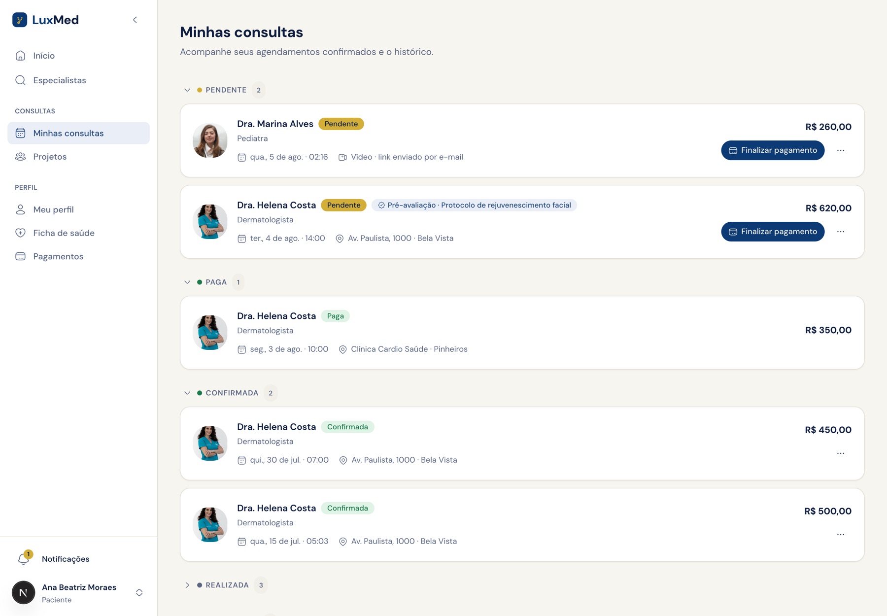 Lista Minhas consultas do paciente, com a consulta marcada como pré-avaliação de um protocolo