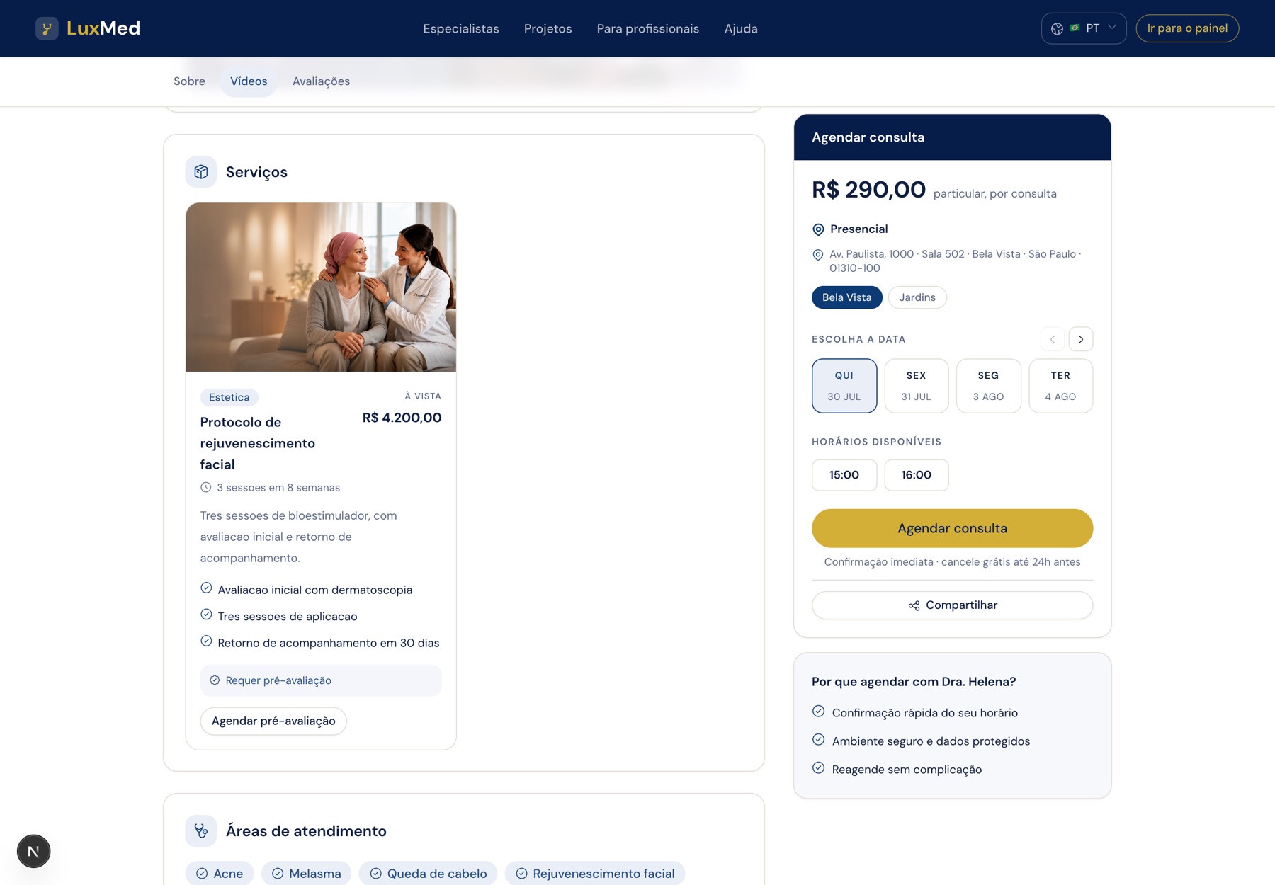 Card de protocolo no perfil do profissional, com itens inclusos, selo de pré-avaliação e botão de agendar a avaliação