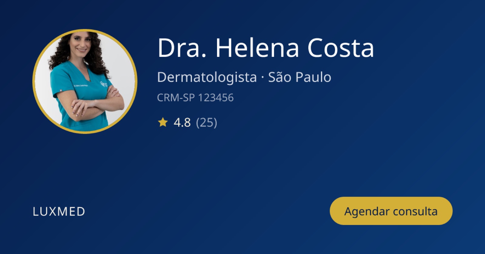Cartão de prévia do perfil com foto da médica, nome, especialidade, registro e nota