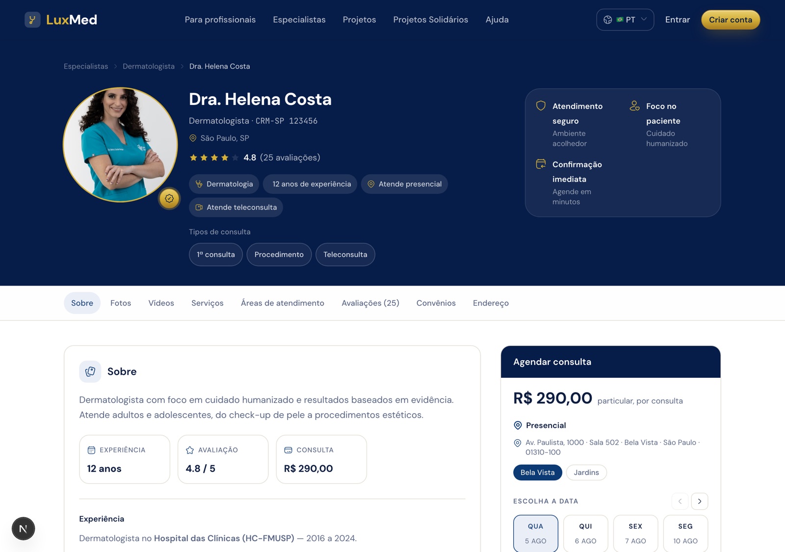 Topo do perfil público com foto ampliada e barra de seções com Sobre, Fotos, Vídeos, Serviços, Avaliações, Convênios e Endereço