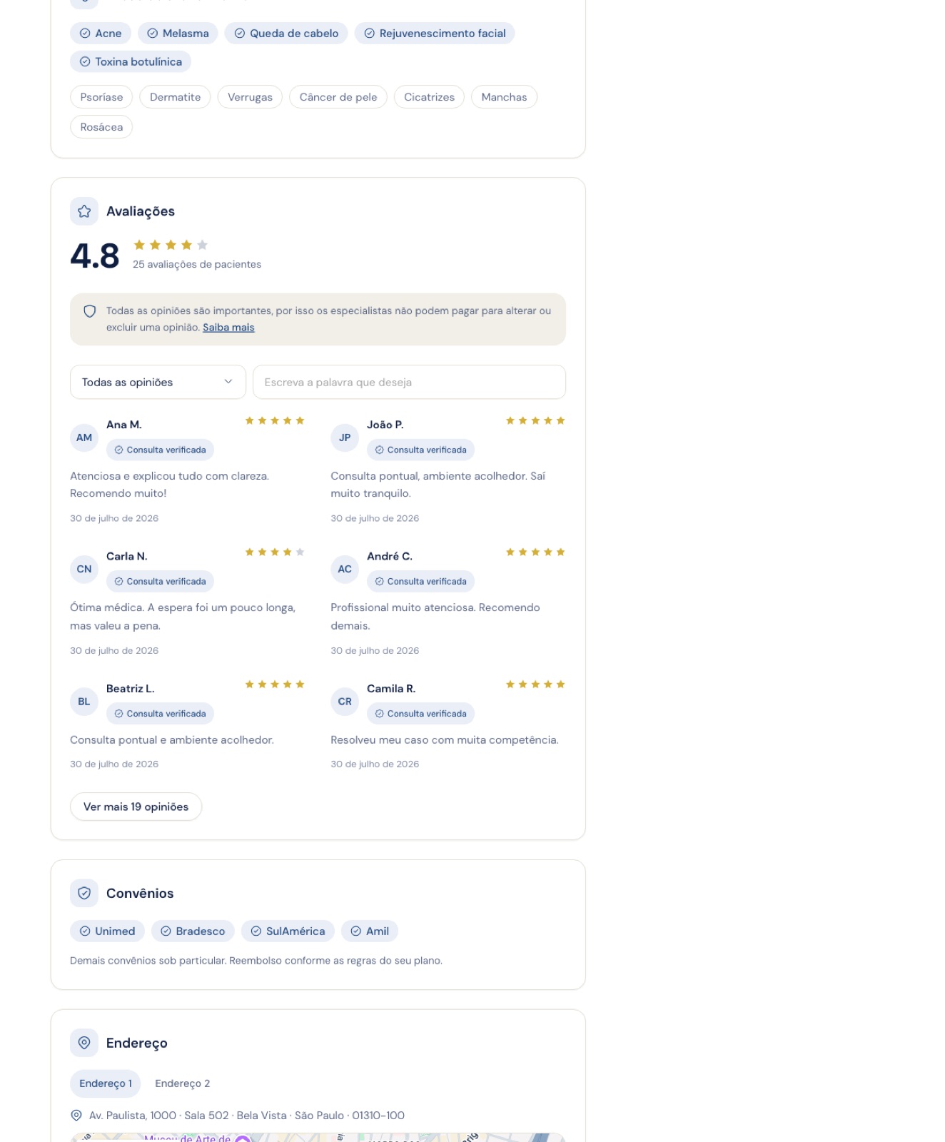 Bloco de opiniões com nota, aviso de integridade, filtro por nota, campo de busca e opiniões verificadas