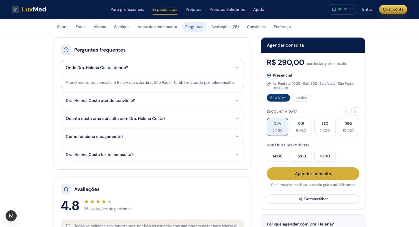 Seção Perguntas frequentes do perfil público com cinco perguntas geradas do perfil e a primeira resposta aberta
