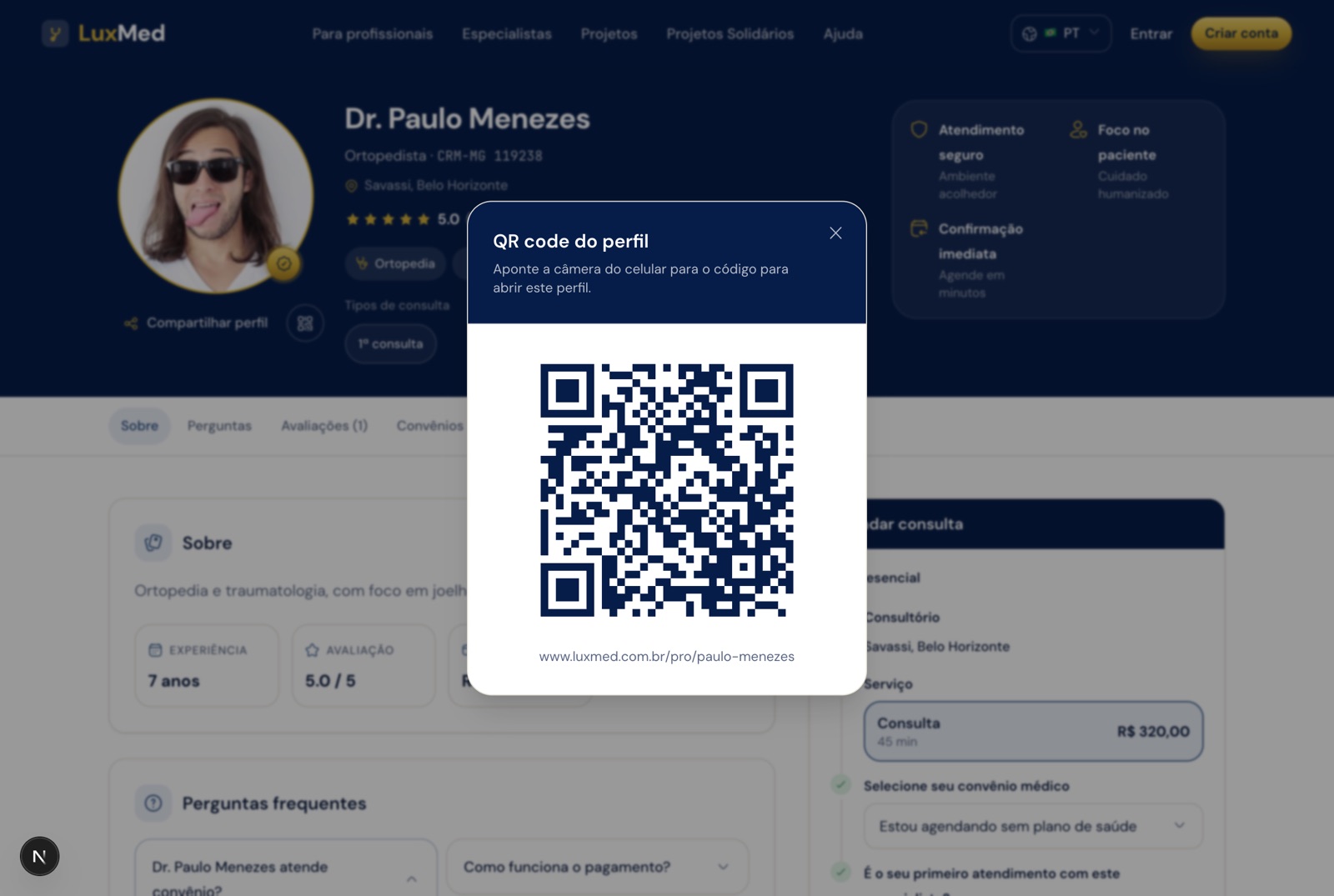 Janela ampliada com o QR code do perfil e o endereço curto escrito abaixo do código