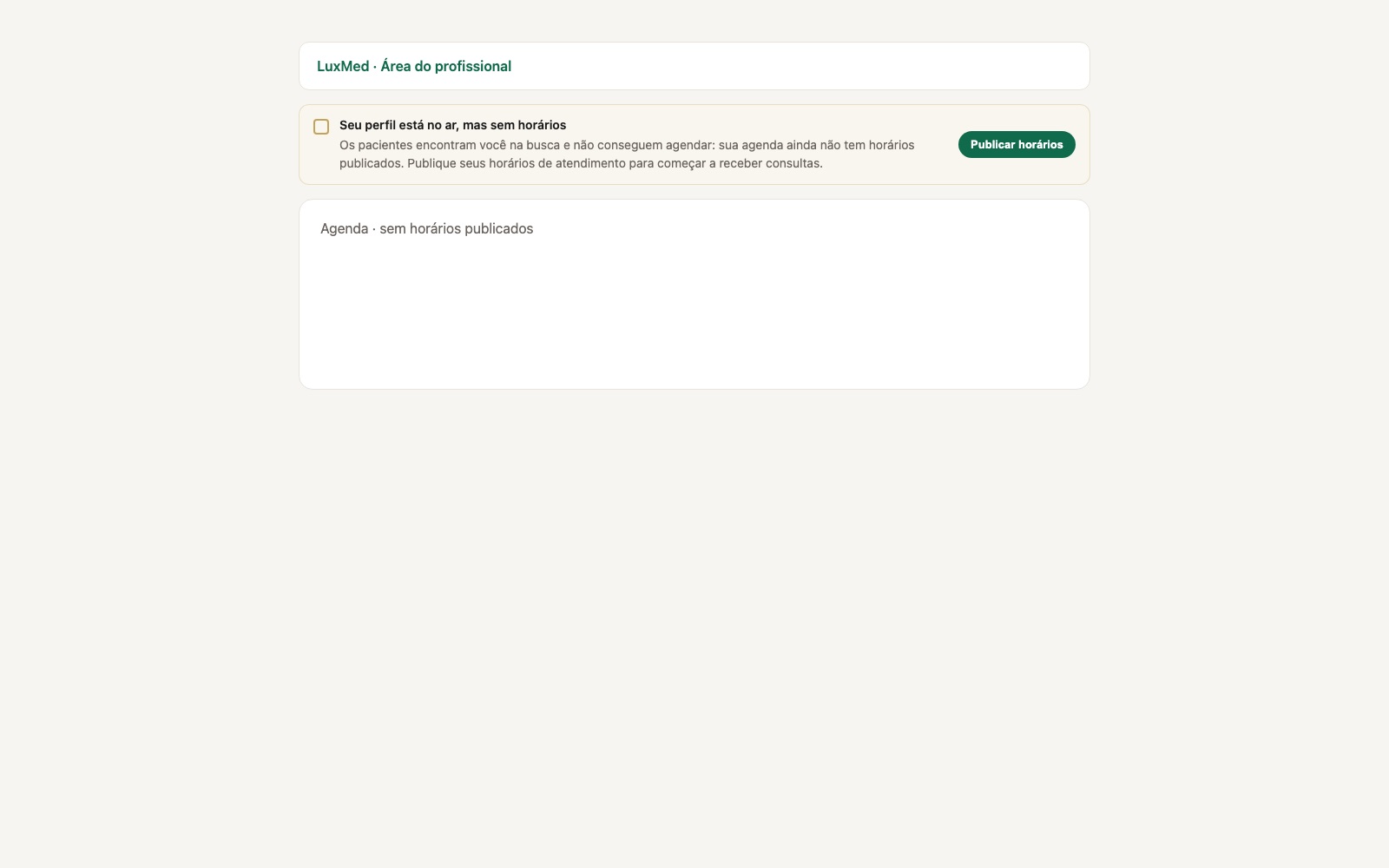 Aviso amarelo no topo da área do profissional dizendo que o perfil está no ar sem horários, com botão Publicar horários