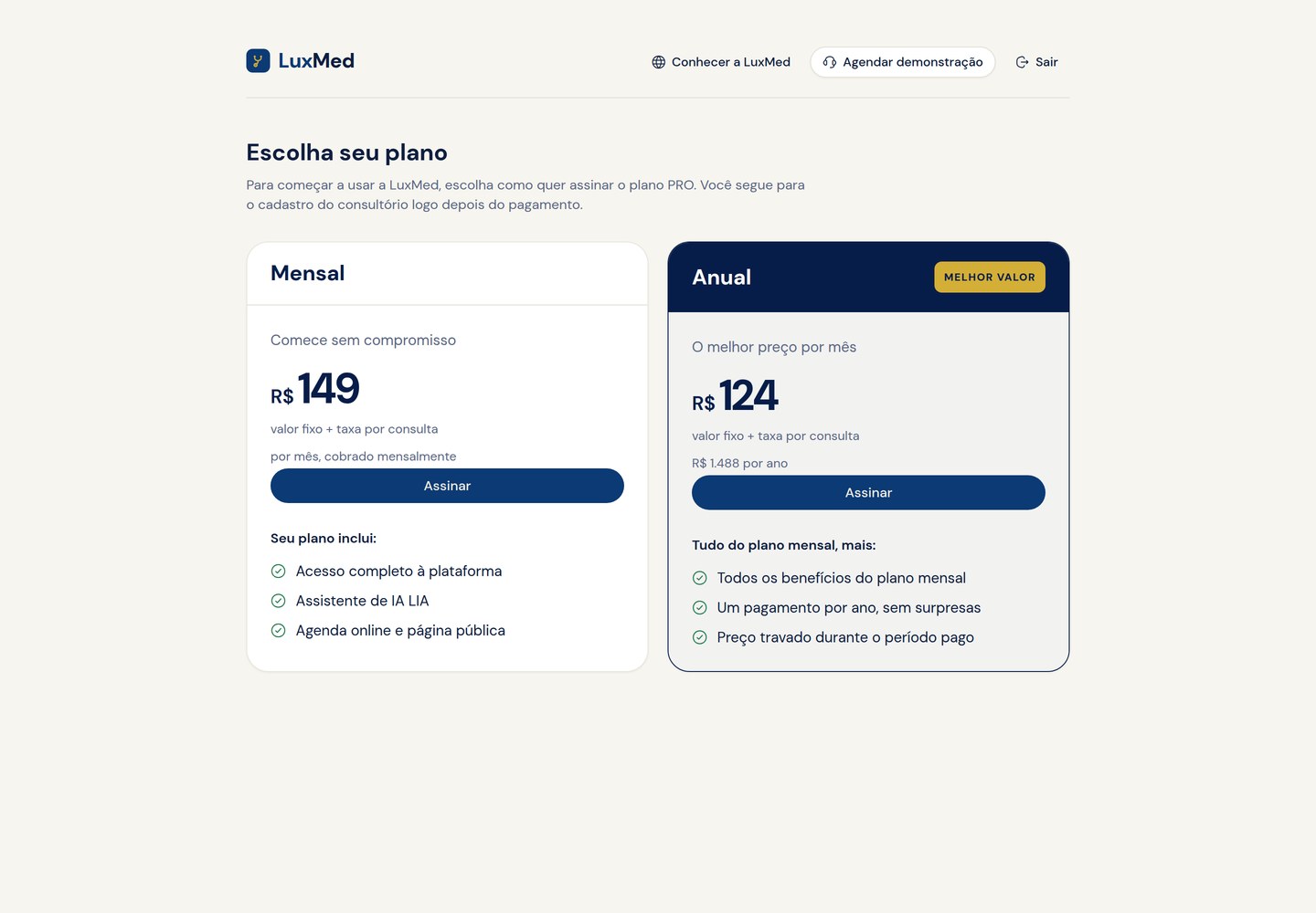 Tela de escolha de plano com ações Conhecer a LuxMed, Agendar demonstração e Sair no cabeçalho