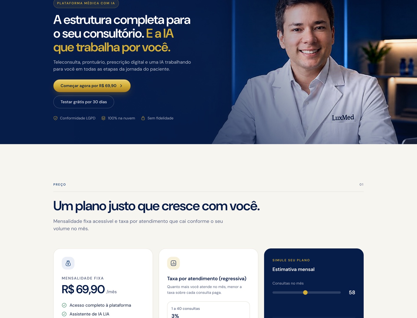 Página pública de Planos da LuxMed com hero do médico e precificação