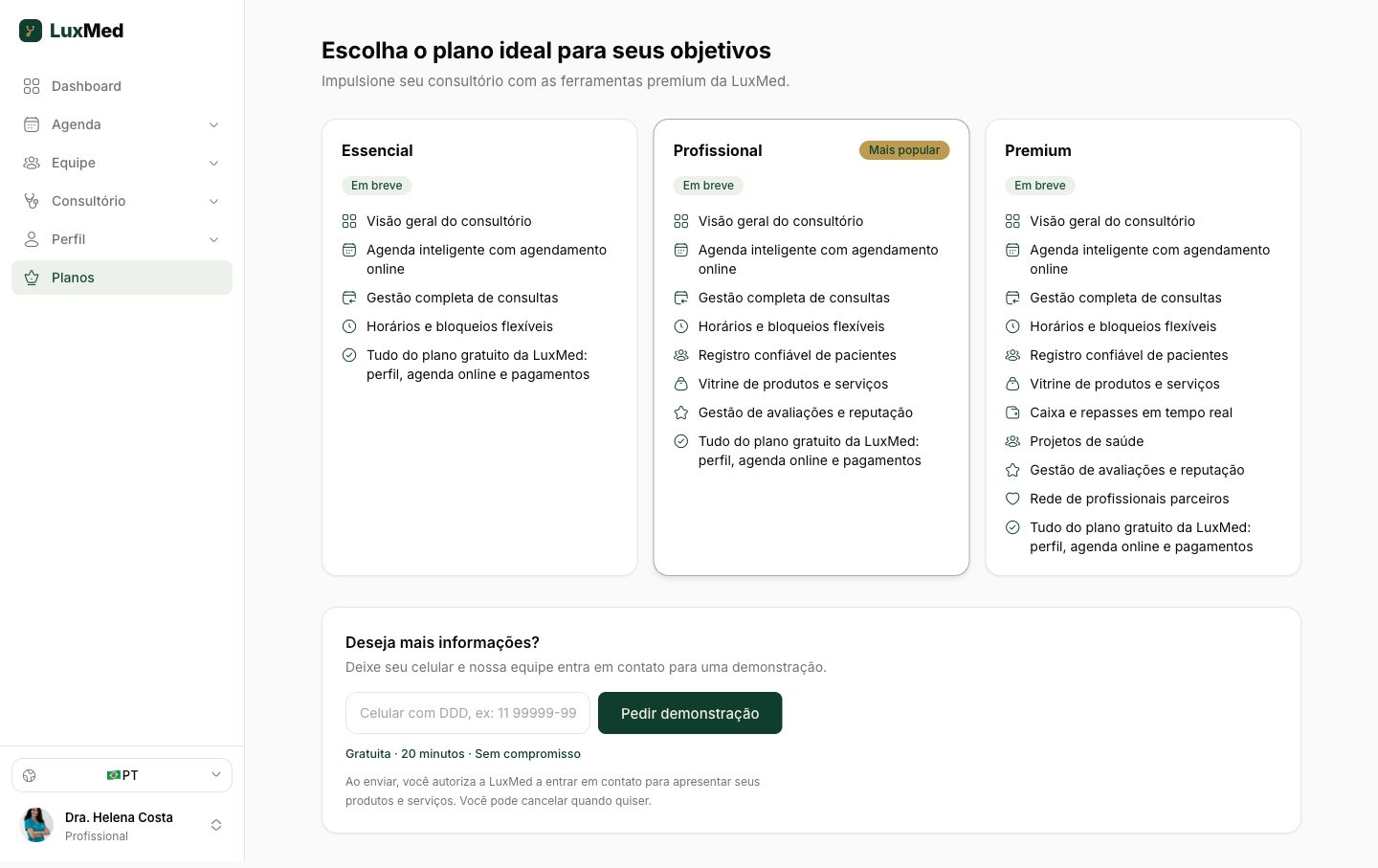 Página de planos premium da LuxMed