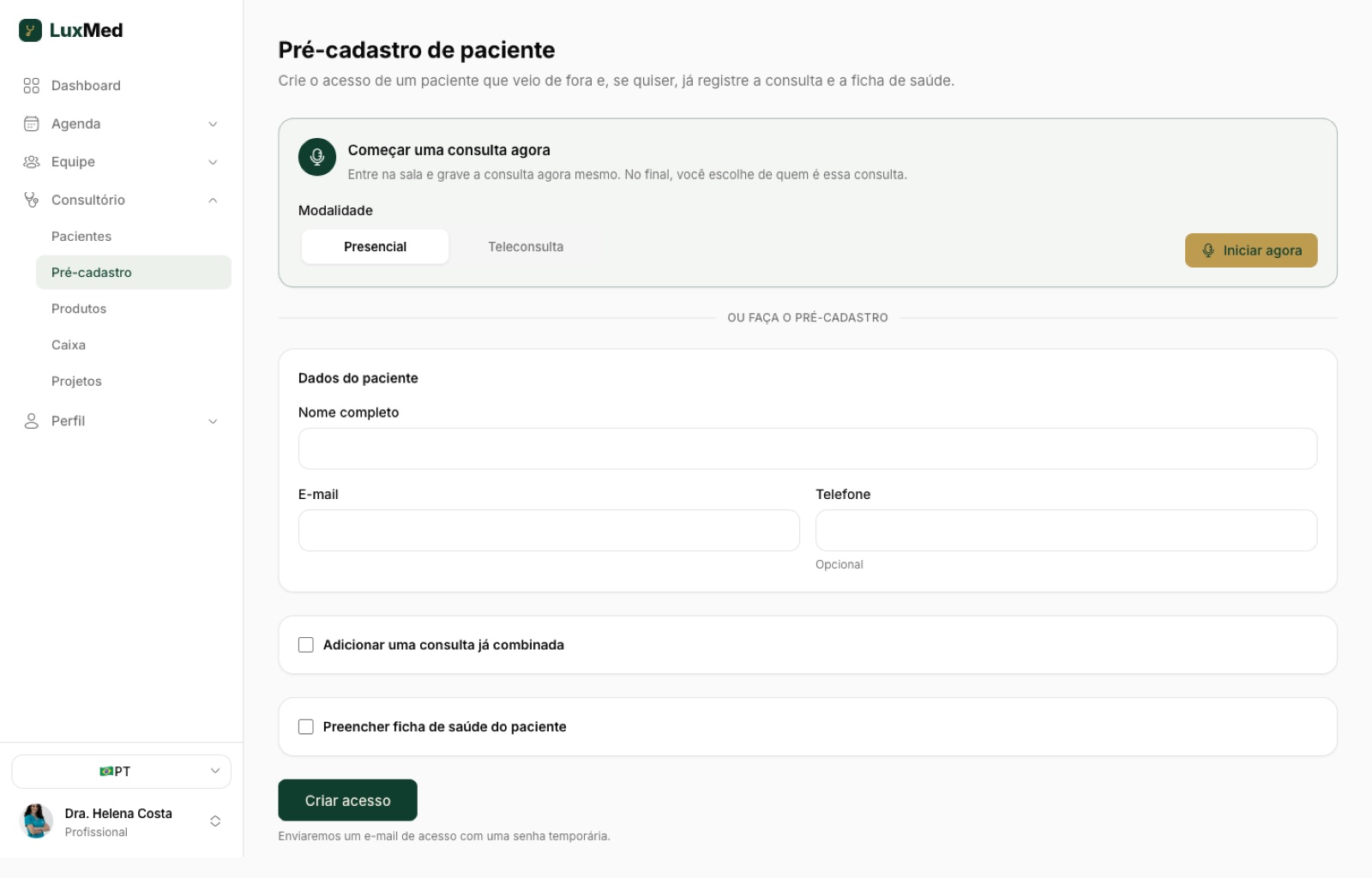 Tela de pré-cadastro de paciente com o atalho de consulta avulsa