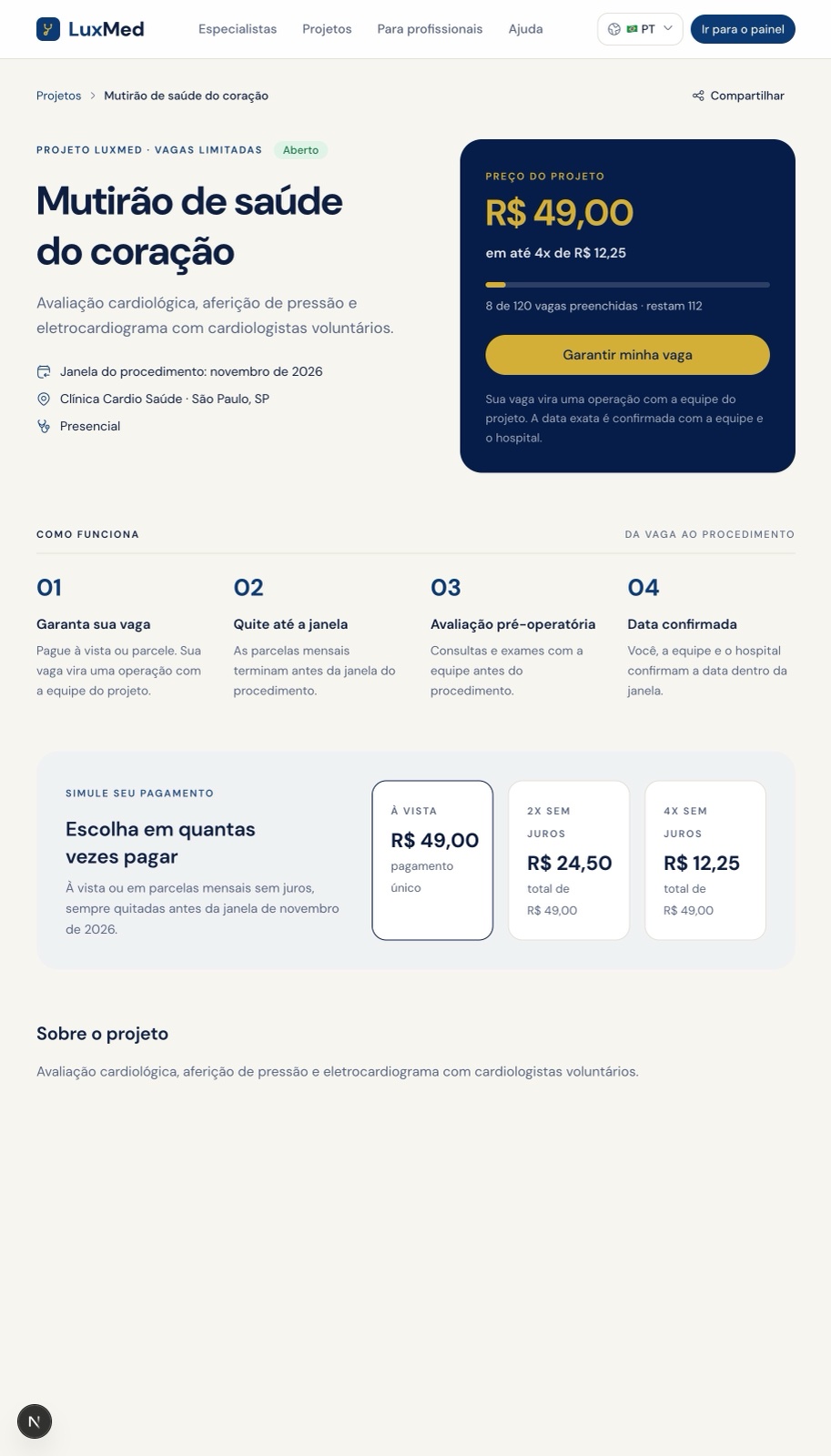 Página pública de um projeto LuxMed