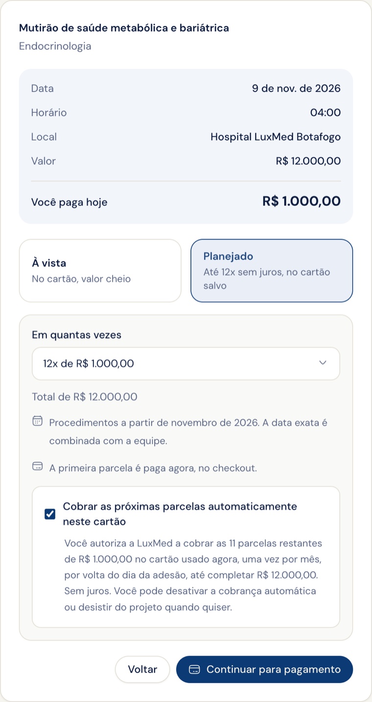 Checkout de um projeto com o resumo em cima, a linha Você paga hoje com R$ 1.000,00 em destaque, as opções À vista e Planejado lado a lado, o seletor de 12 parcelas e a autorização de cobrança automática marcada