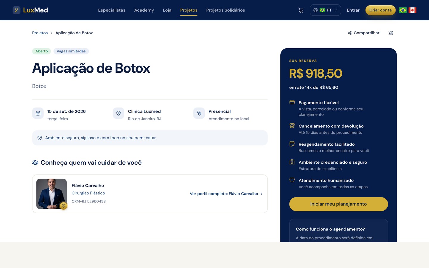 Página pública do projeto com ações de compartilhamento e valor total do planejamento