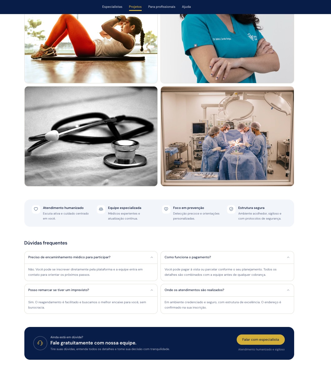 Galeria de imagens, selos de confiança e dúvidas frequentes do projeto