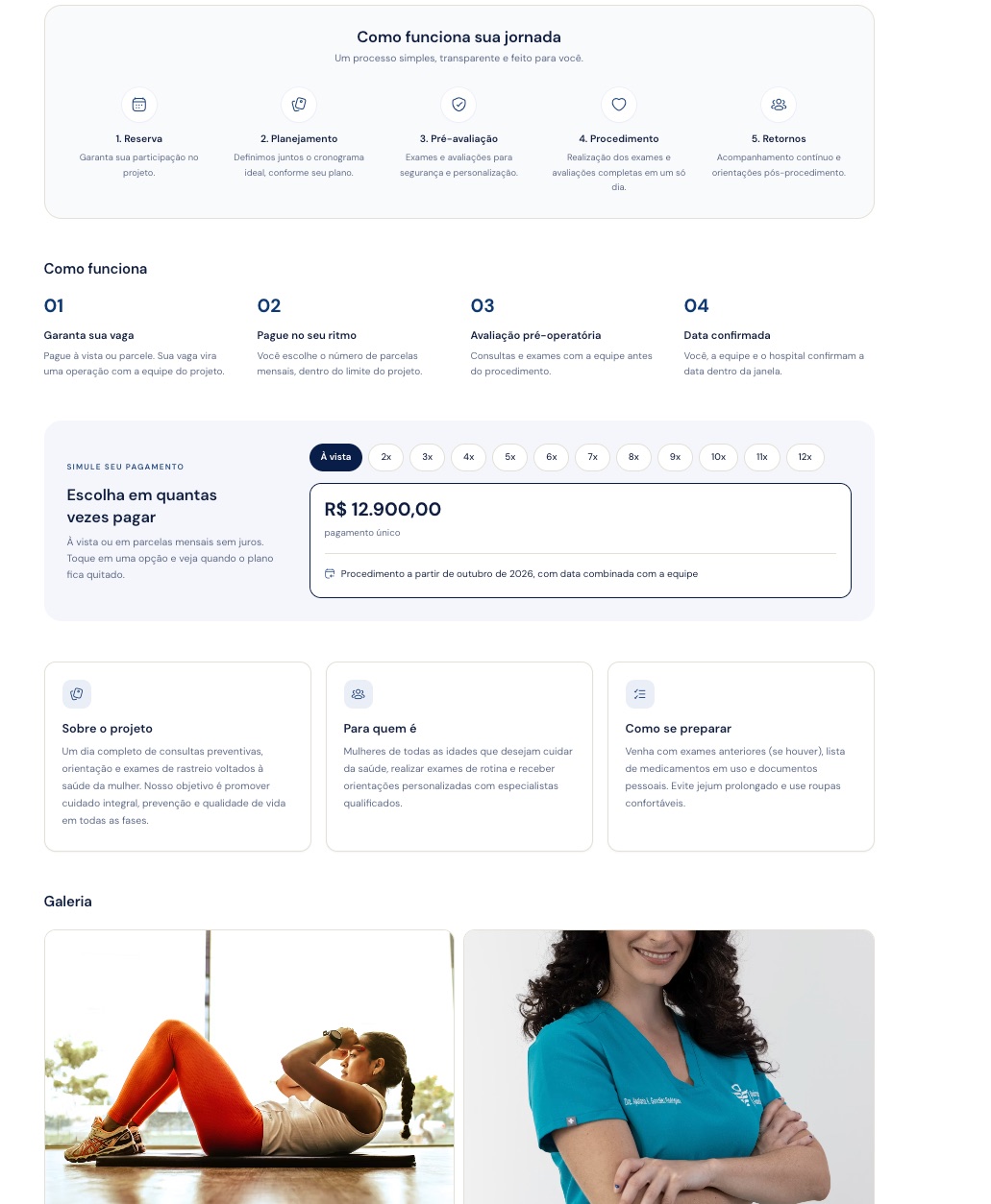 Jornada em etapas, simulador de pagamento e cards de informações do projeto