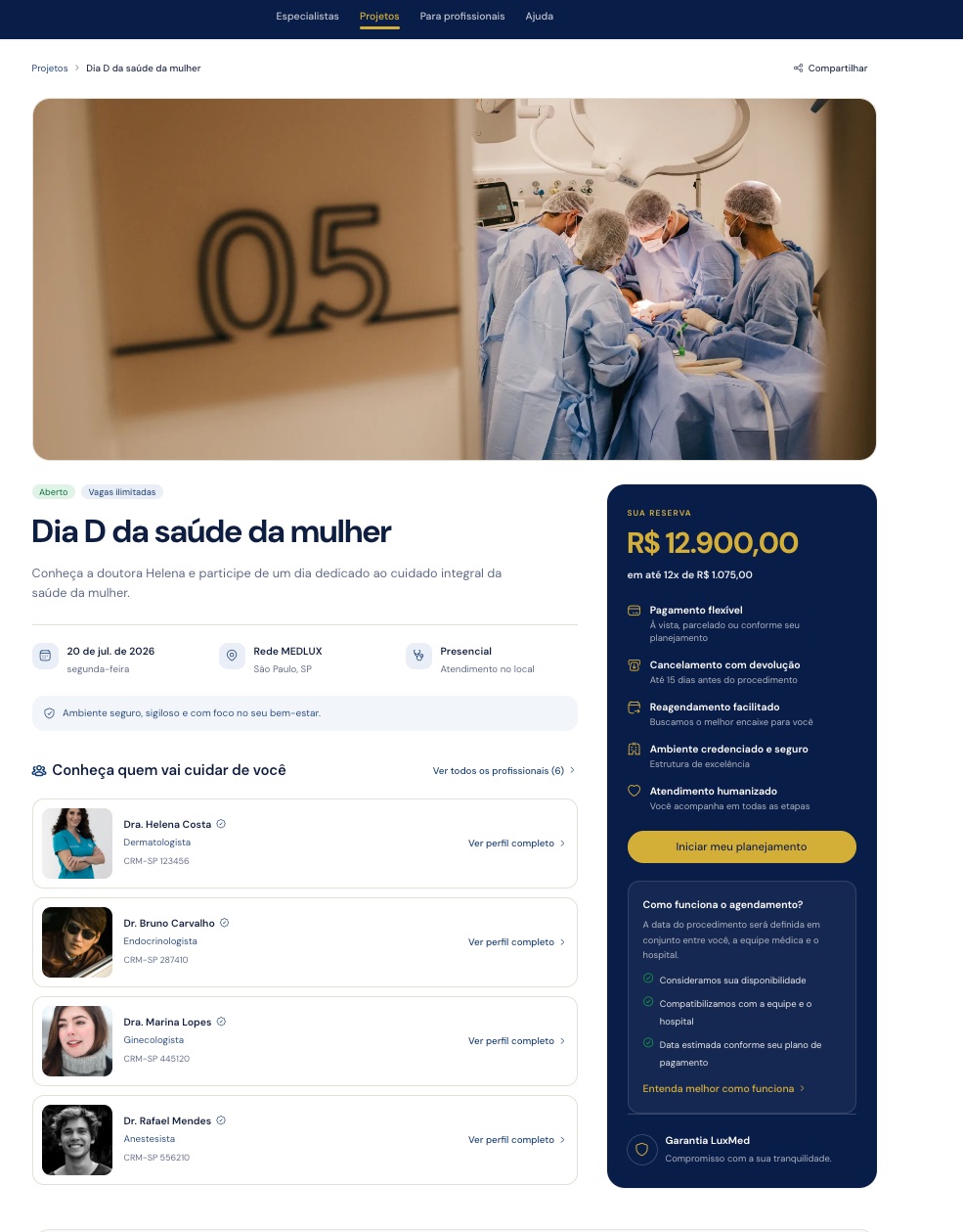 Página de um projeto: capa, título, card de reserva e a equipe que vai cuidar de você