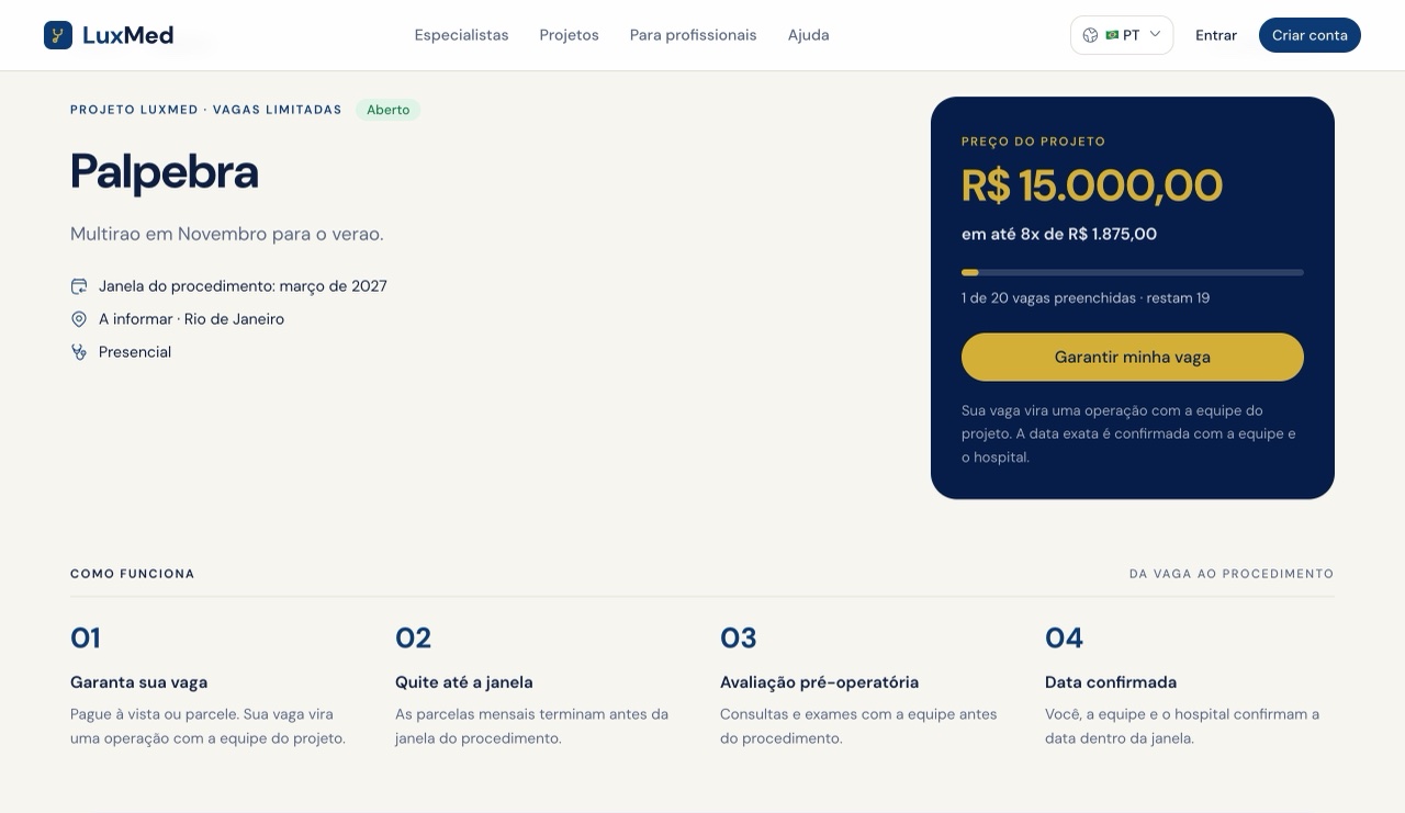 Página pública de um projeto com o painel de preço, medidor de vagas e a seção como funciona