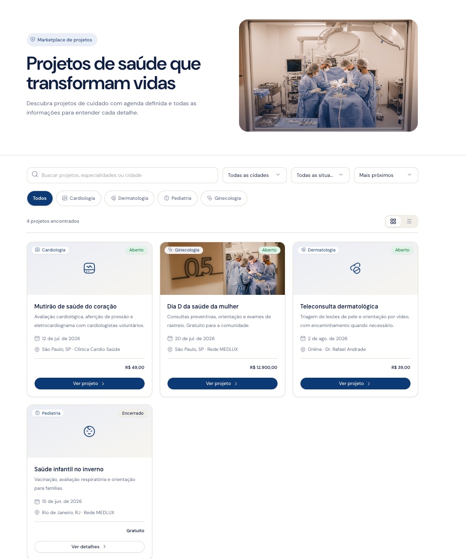 Vitrine pública de Projetos em grade, com busca, filtros e os cards
