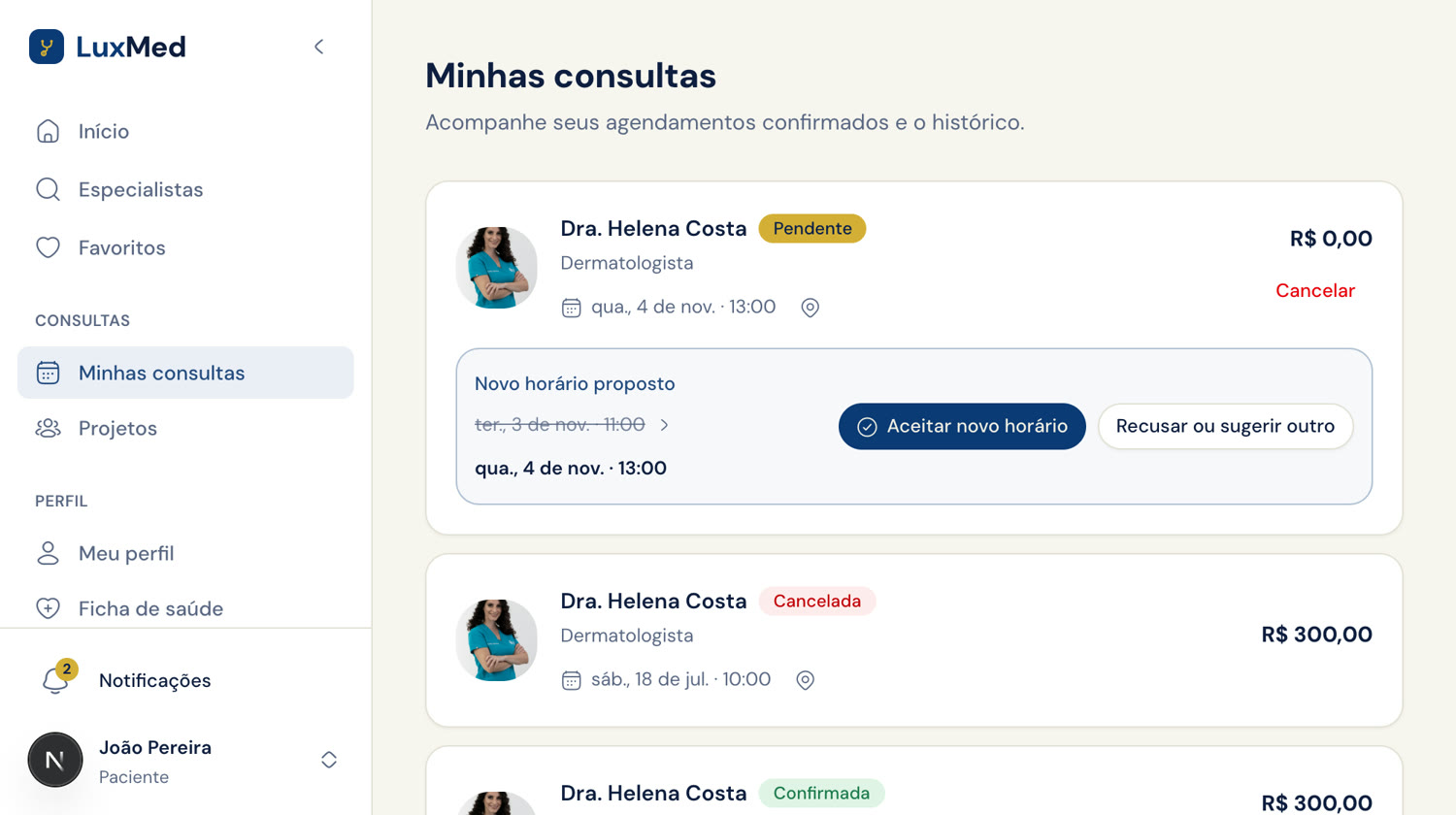 Tela de reagendamento com o carrossel dos próximos dias livres do profissional, cada dia com seus horários