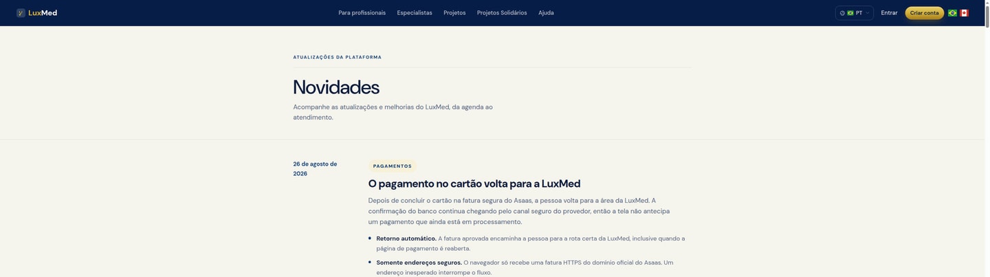 Área do paciente na LuxMed após o retorno da fatura segura do Asaas