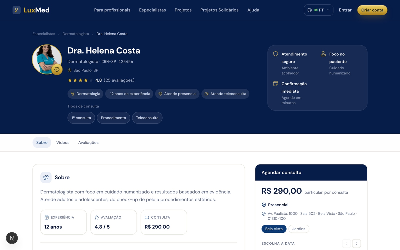 Perfil público com selo dourado de verificado no canto da foto do profissional