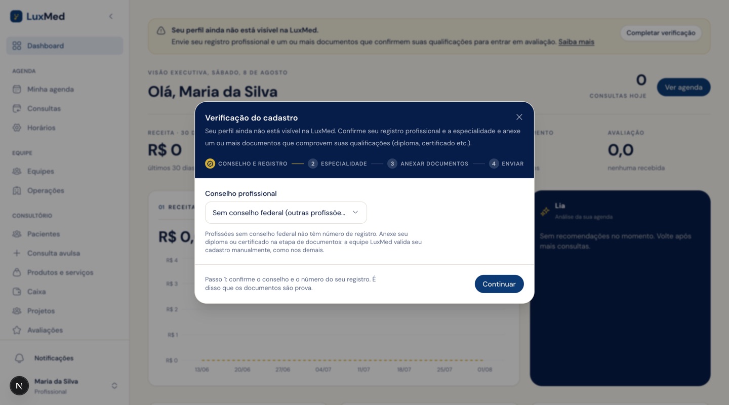 Modal de verificação do cadastro com o seletor de conselho profissional na opção Sem conselho federal (outras profissões da saúde), mostrando a orientação de anexar o diploma