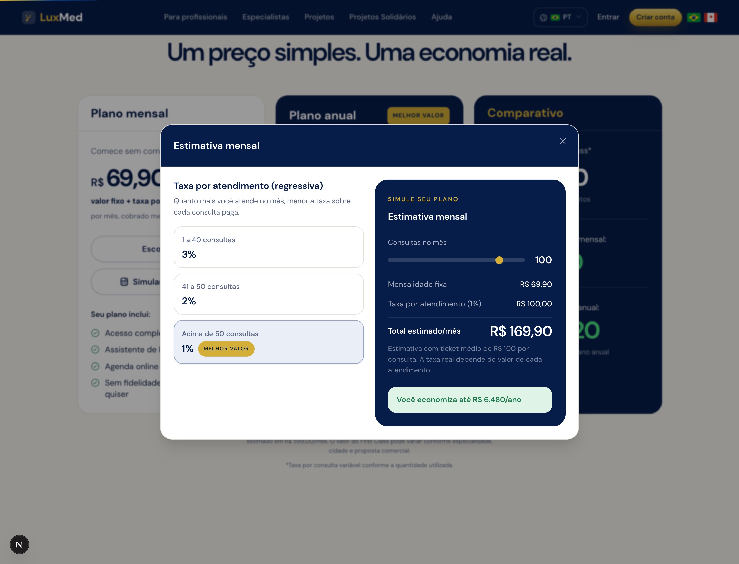 Modal do simulador de taxa na página de Planos com faixas regressivas e estimativa mensal