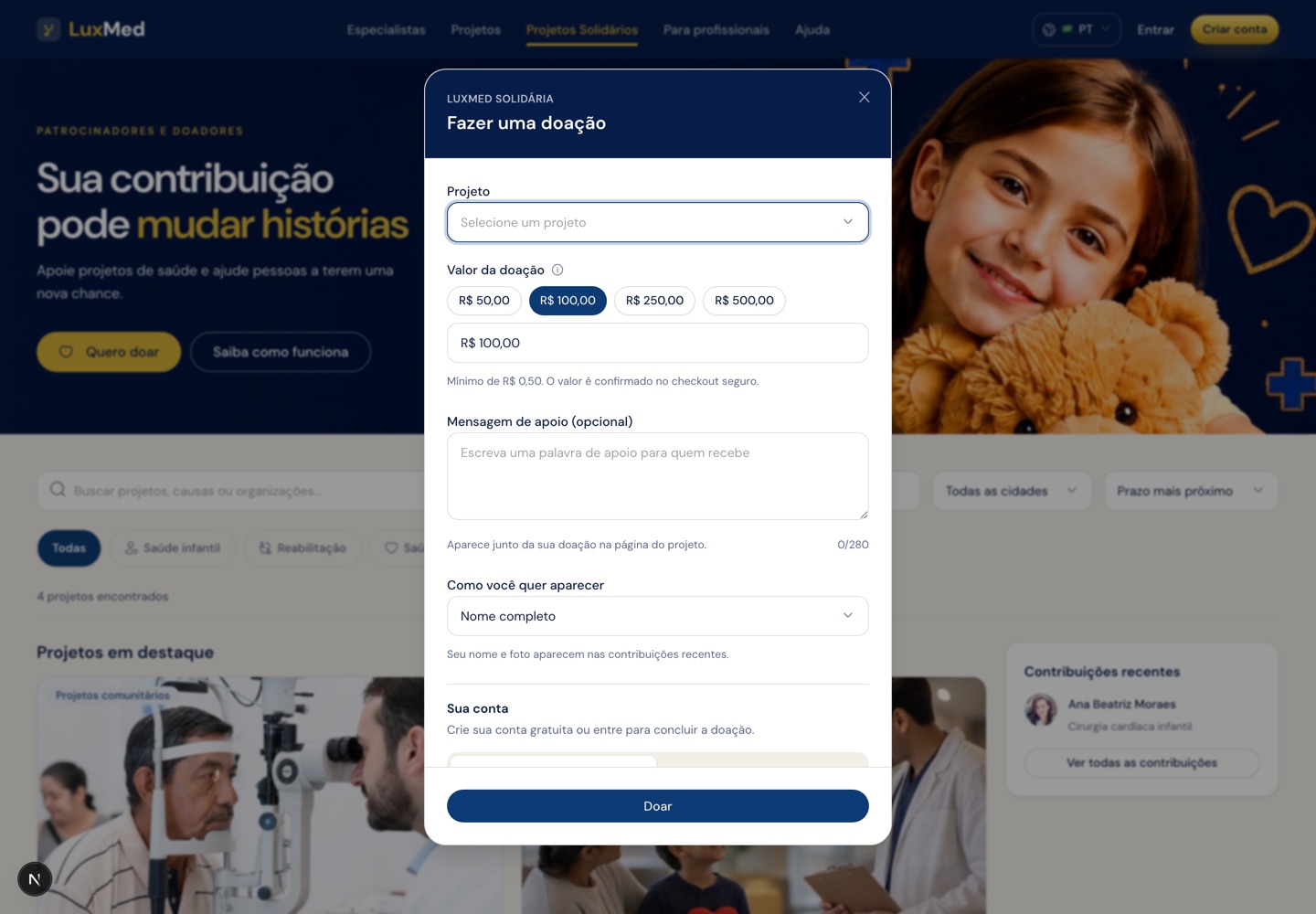 Janela de doação com projeto, valor e mensagem de apoio