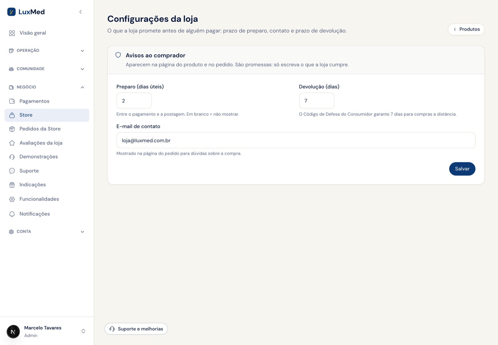 Configurações da loja com prazo de preparo, devolução e e-mail de contato