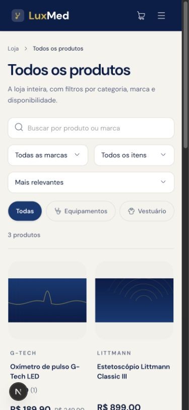 Catálogo da Store no celular com busca, filtros e produtos em duas colunas