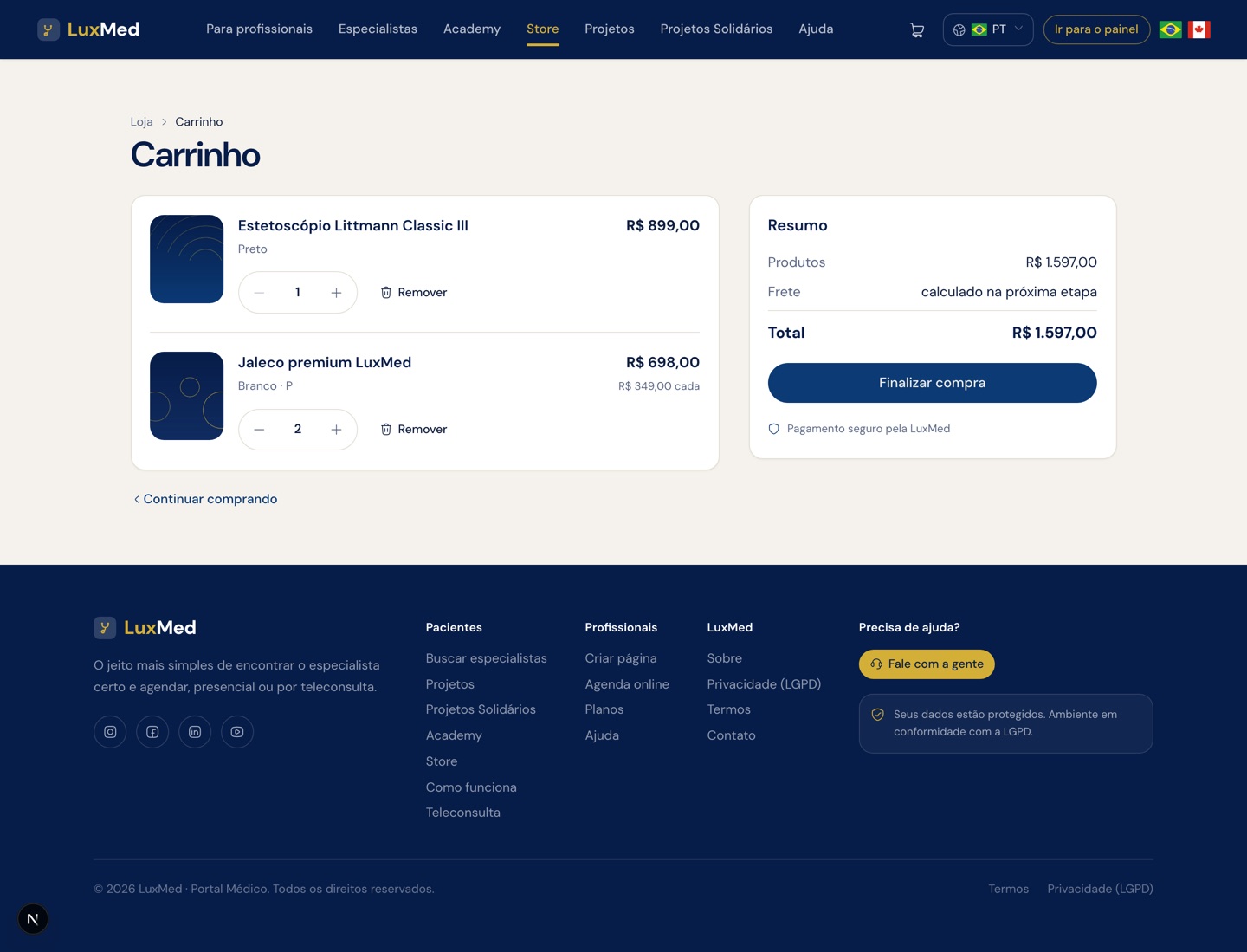 Carrinho da LuxMed Store com dois produtos, quantidade e resumo de valores