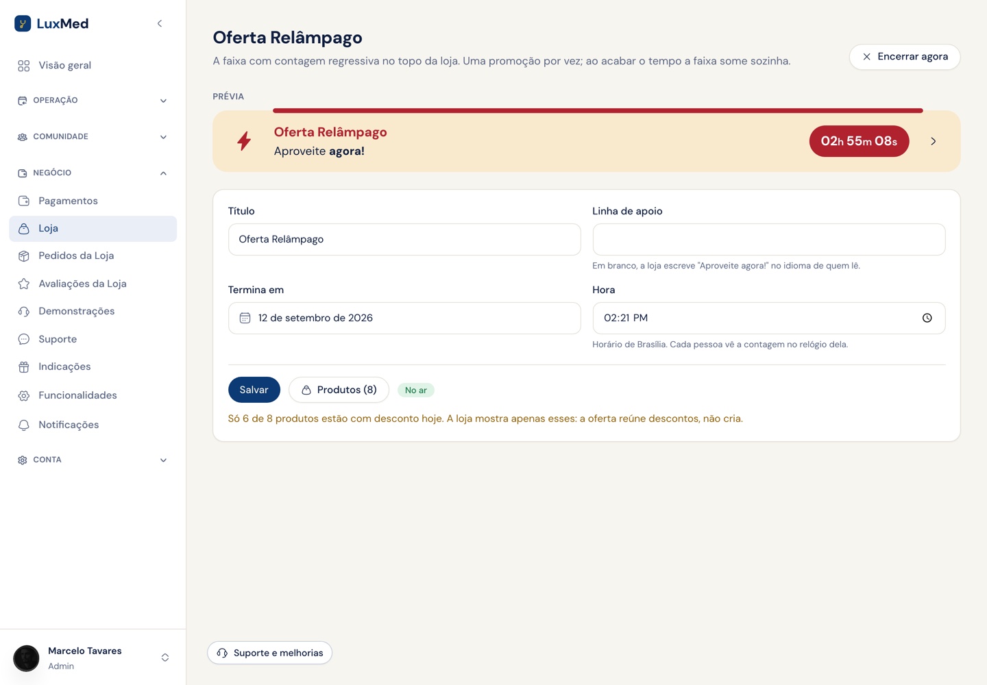 Tela do painel para montar a Oferta Relâmpago, com prévia da faixa