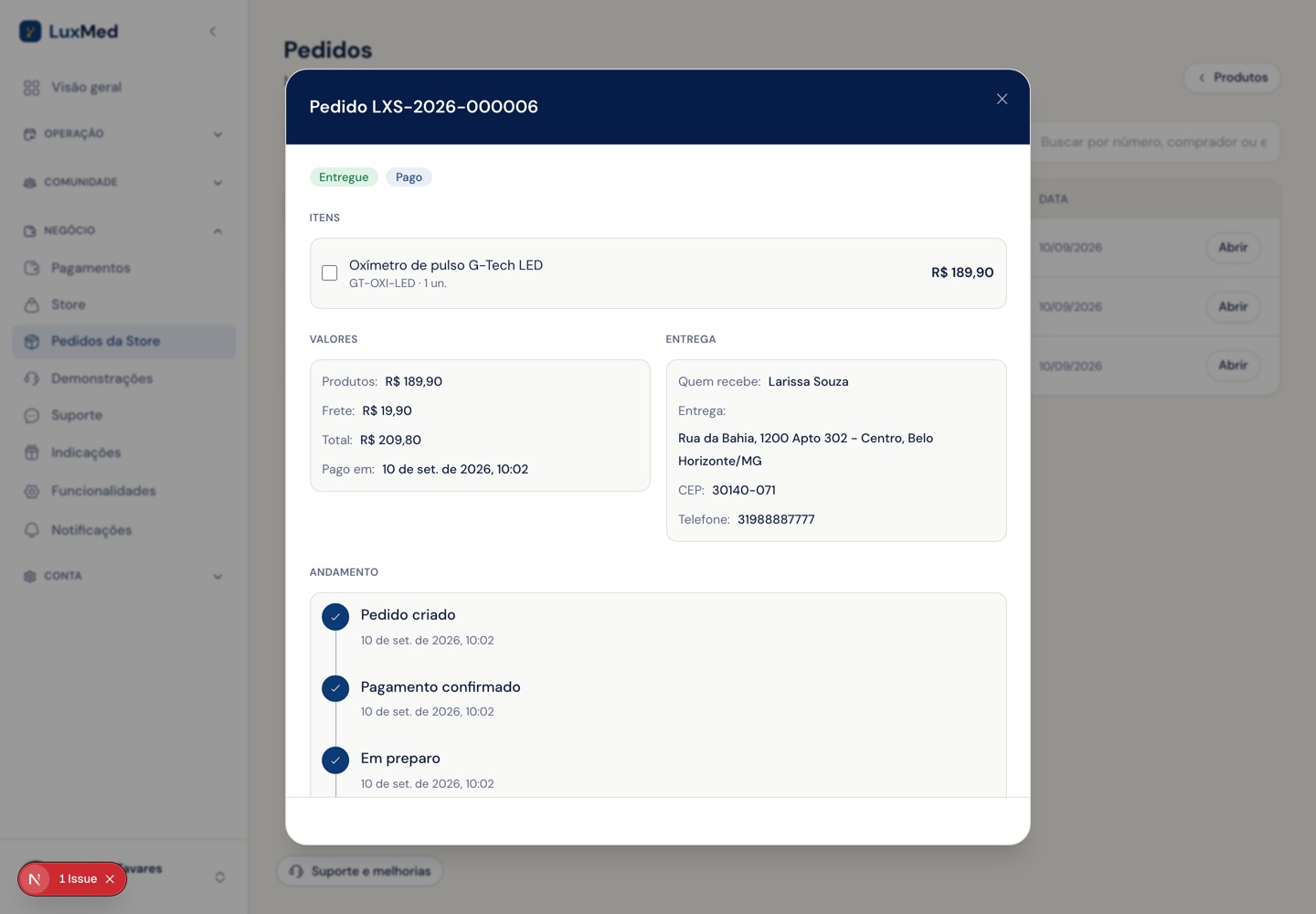 Painel de um pedido no admin, com itens, valores, entrega e andamento