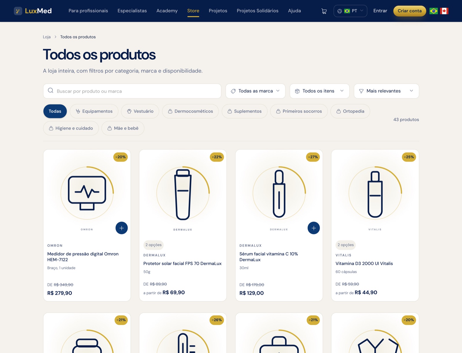Página de busca com 43 produtos, filtros e chips de categoria