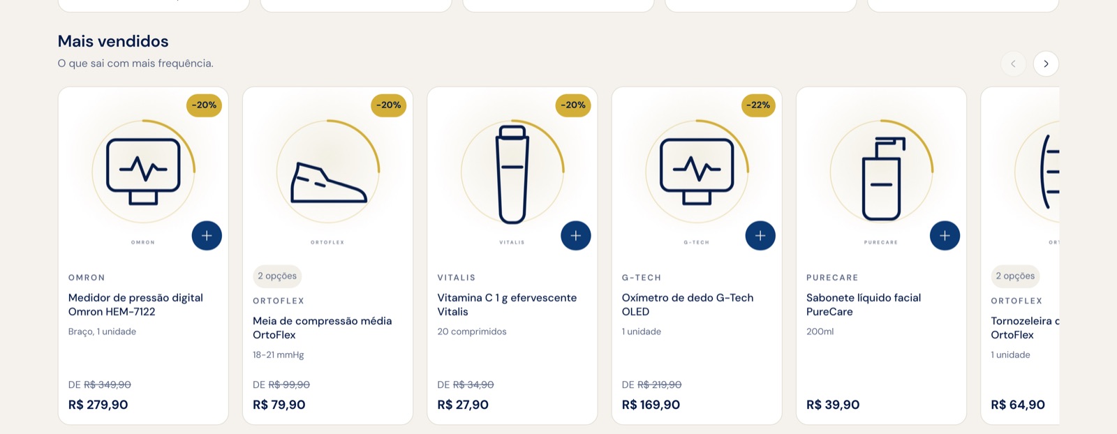 Prateleira de produtos com setas, desconto no canto e botão de adicionar