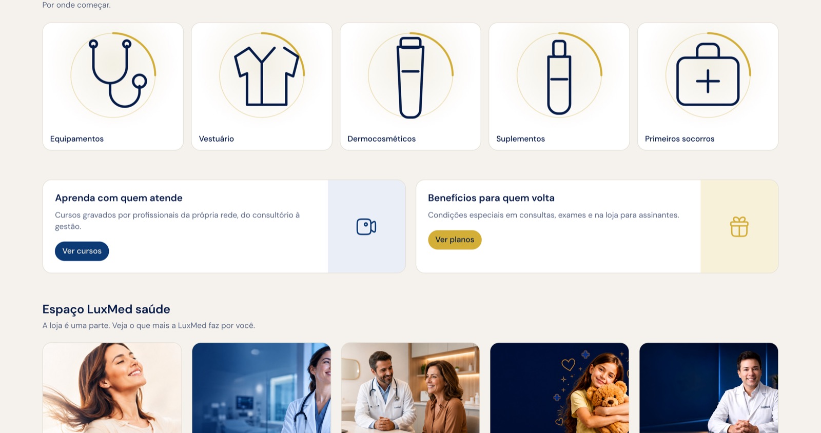 Faixa de categorias, dois banners e os cards de serviços da LuxMed