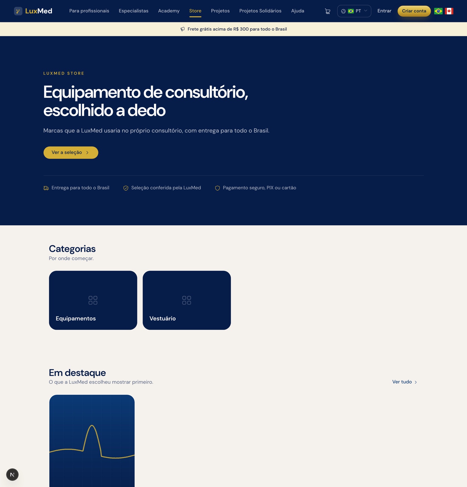 Página inicial da loja com o aviso do topo e a faixa de abertura escritos no painel