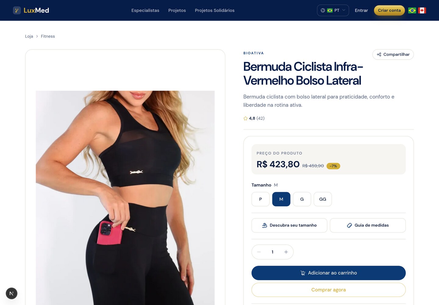 Página de uma roupa na Loja LuxMed com galeria, compartilhamento, preço e tamanhos