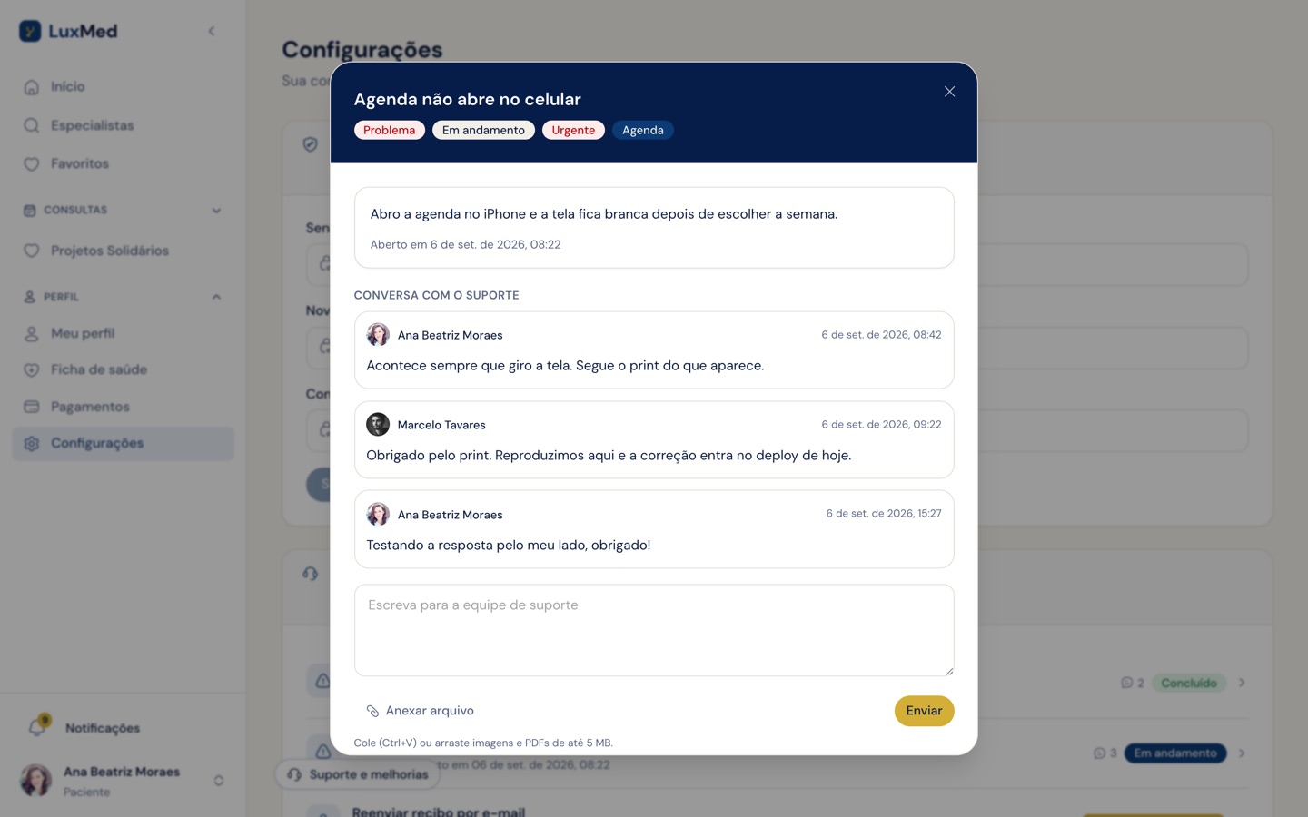 Chamado aberto pelo paciente com a conversa e o campo de resposta