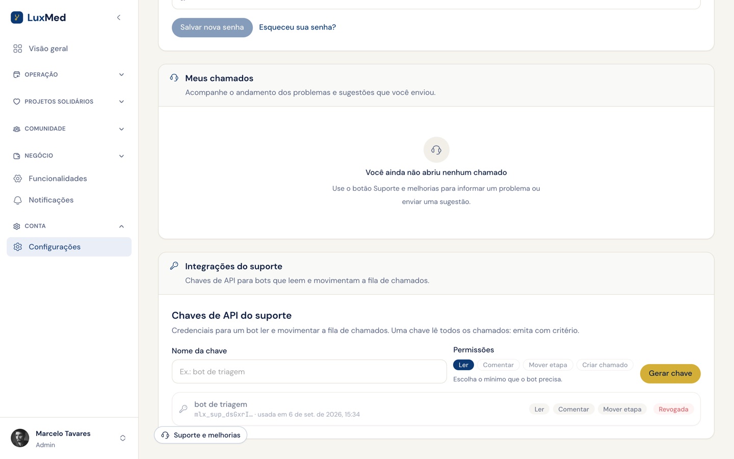 Painel de chaves de API do suporte em Configurações