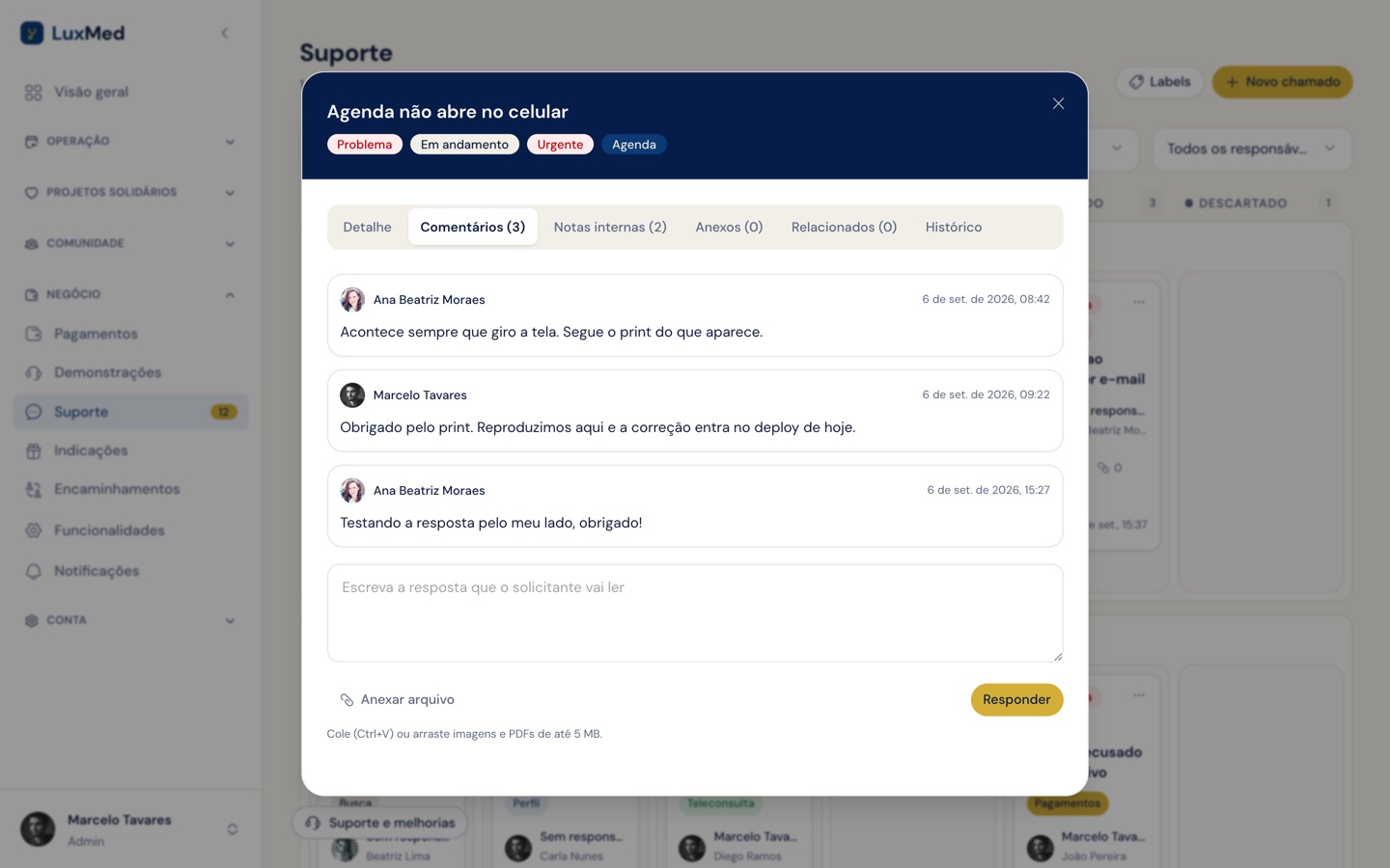 Aba de comentários do chamado com a conversa entre paciente e equipe