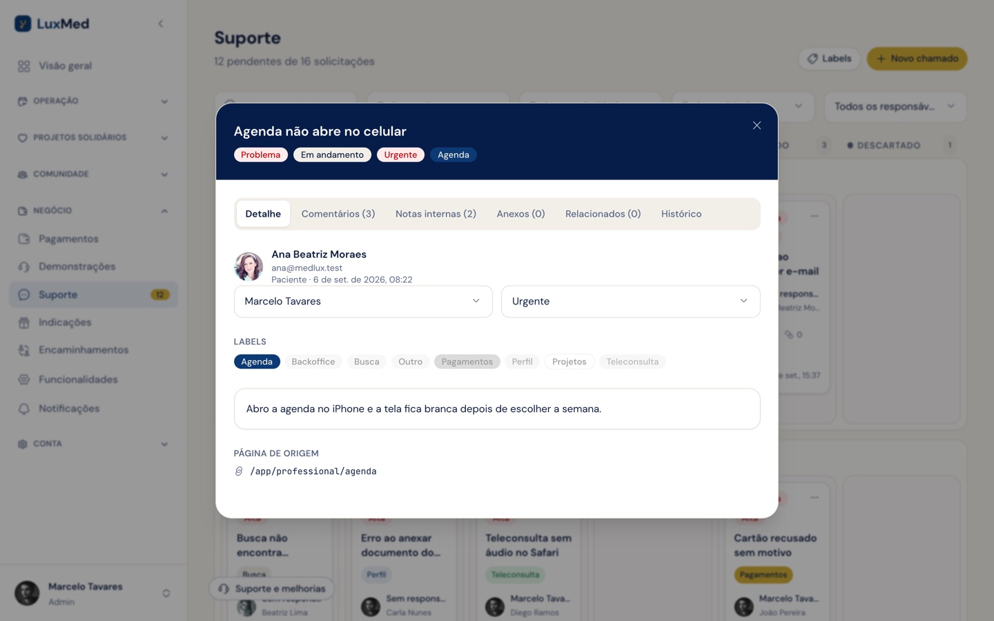 Detalhe do chamado com responsável, prioridade e labels